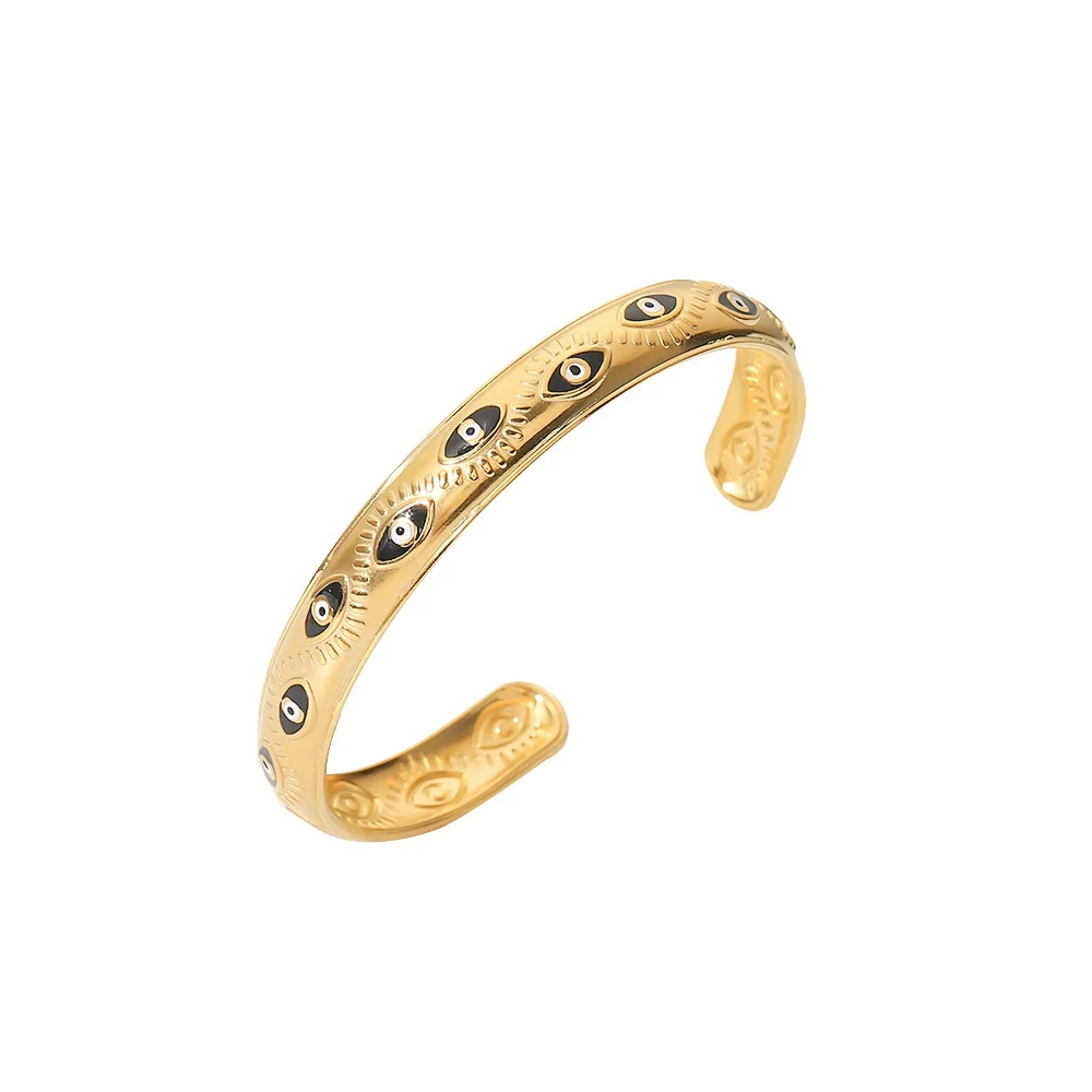 

18k Gold Plated Opening Bangle Stainless Steel Bracelets Eyes Adjustable For Ladies Present