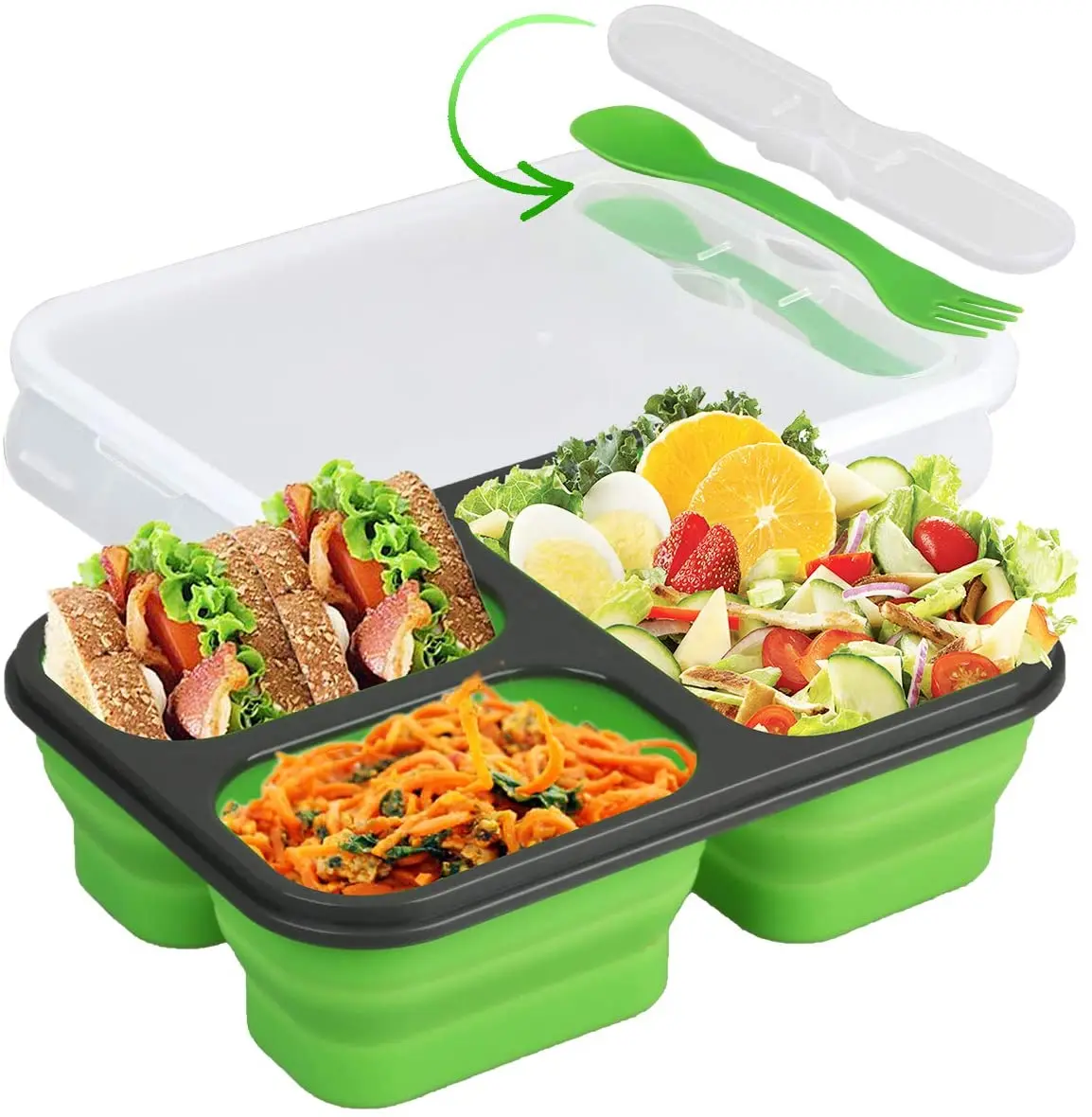 

BPA Free 3 Cavities Silicone Collapsible Lunch Bento Box,Safe in Microwave,Dishwasher,Freezer, Purple,pink,blue,yellow,red,green,orange
