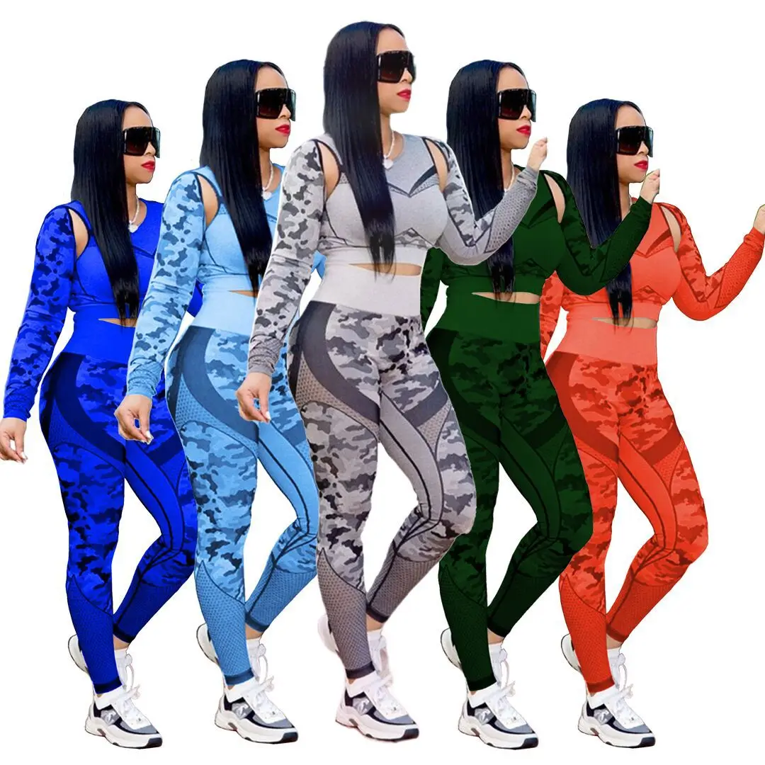 

Sporty Sets for Women Camouflage Sweatsuit Cut Out Crop Tops High Waisted Leggings Yoga Pants Set Two Piece Fitness Outfits 0603