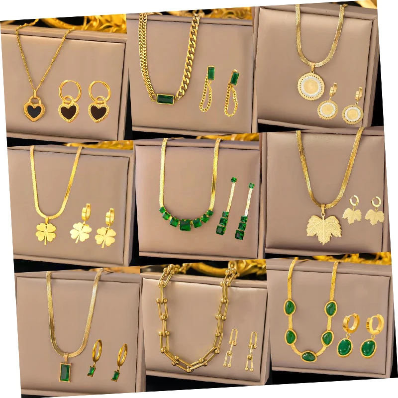 

Vintage stainless steel 18K gold green crystal geometric pendant necklace earrings set chain clover for women jewelry set gift