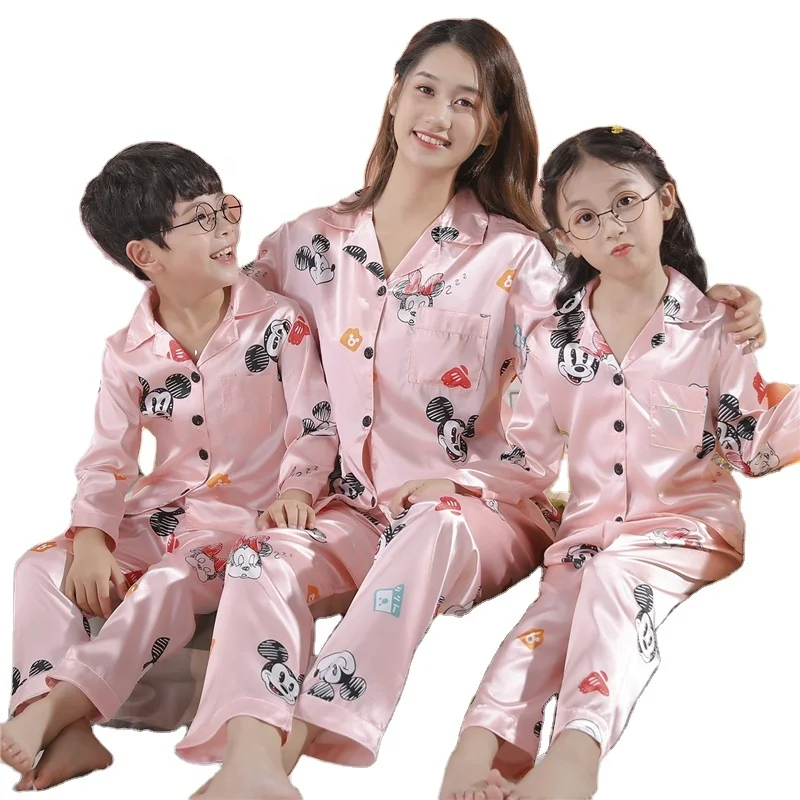 

Wholesale Matching Family Soft Pajamas Animal Cartoon Woman Satin Pyjamas Kids Children Cute Luxury Comfortable Pajamas, 6 colors