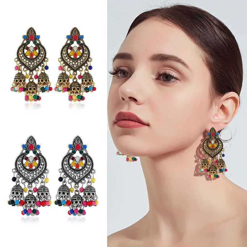 

2020 Fashion Retro Indian Oxidized Silver Beads Chandelier Tassel Earring Silver Bohemia Polki Jhumki Jhumka Earrings For Women, As picture show