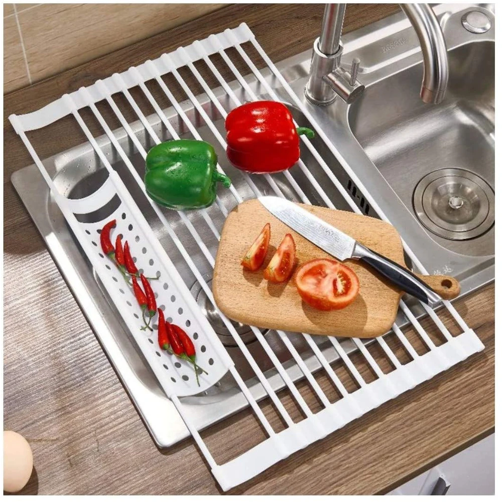 

Silicone Drain Rack Foldable Kitchen Roll Up Dish Drying Rack Over The Sink With Chopsticks Box, Gray;black