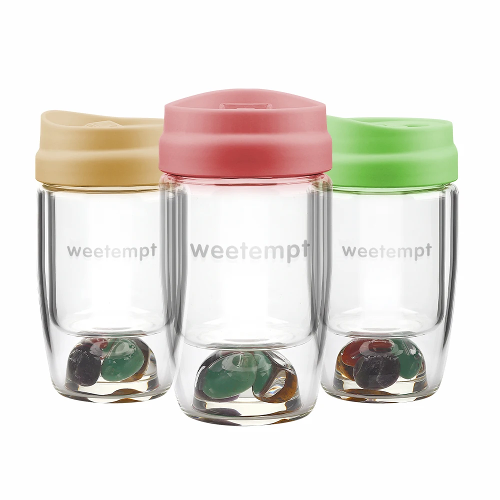 

High quality Gem stone Glass coffee cups with straw borosilicate glass fruit cups custom logo, Customized color