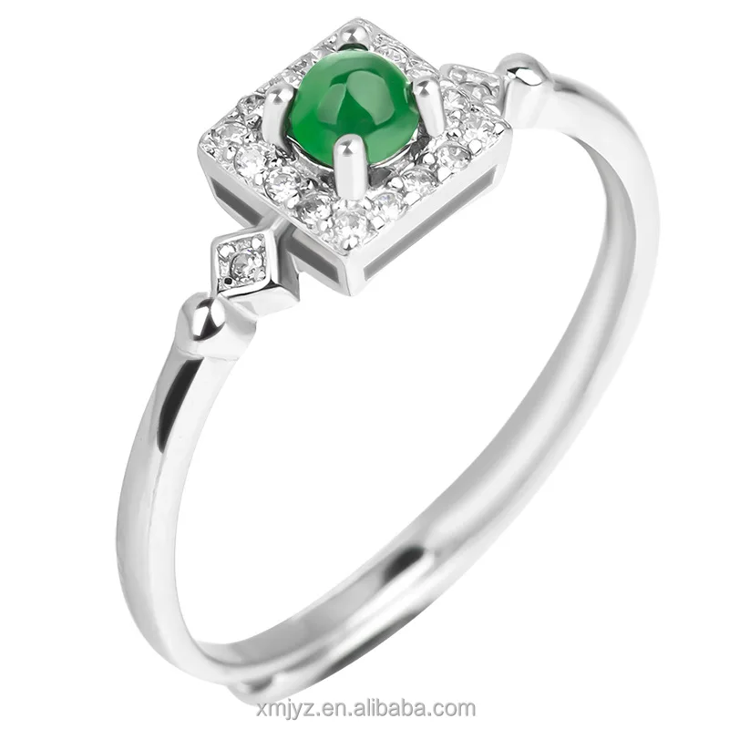 

Certified Grade A S925 Silver Inlaid Natural Emerald Green Ice Jade Stone Ring Fashion Men's Ring Women's Adjustable