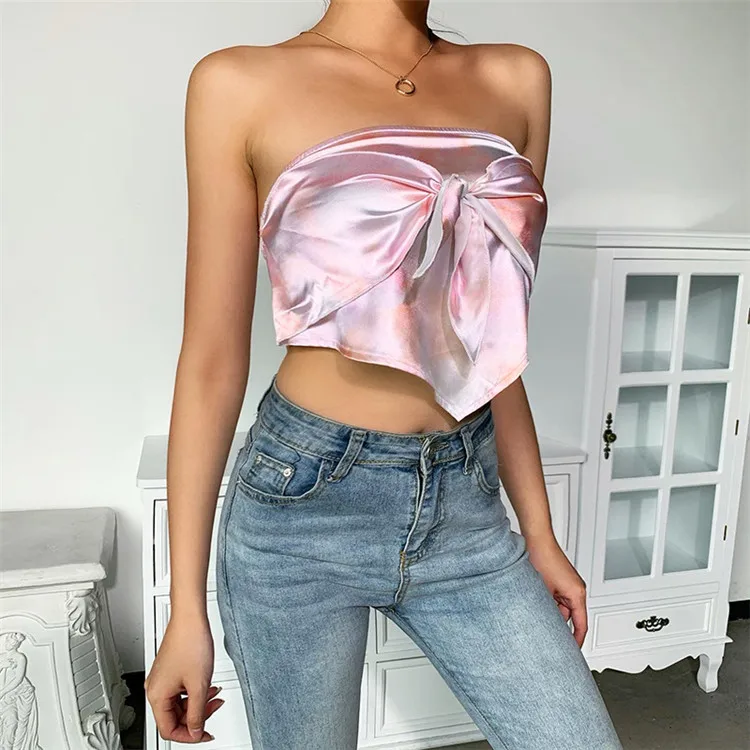 

Sexy Crop Top Women Summer 2021 Sleeveless Vest Bow Tie Up Tube Bandana Top Streetwear Elastic Ruched Backless Ladies Satin Top, As picture