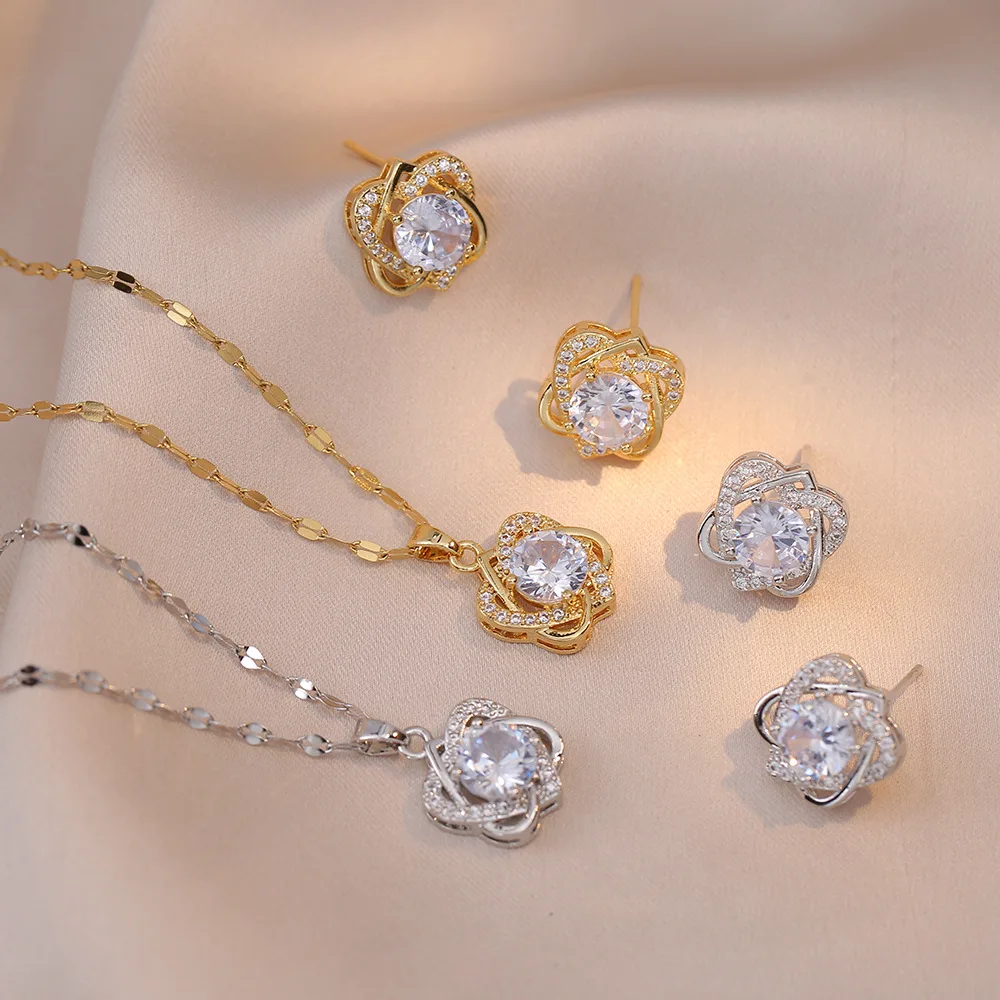 

Luxury Crystal Zirconia Necklace Stud Earrings Cute Flower Jewelry Set For Women Girls