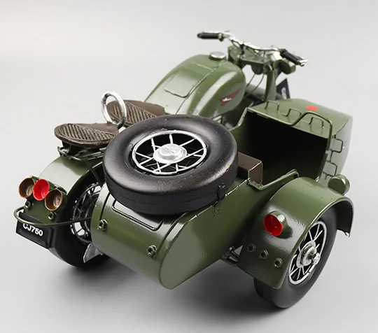 

Metal Crafts Three-wheeled Side Motorcycle Model Retro Motorbike Model Statue Army Military Vehicle Antique Home Office Decor