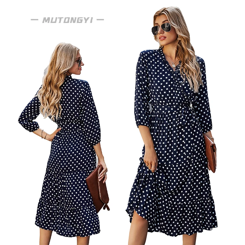 

High Quality Viscose Dress Polka Dot Casual Vintage Dress Long Pleated Summer Dress Wholesale