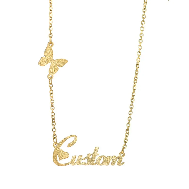 

Dr. Jewelry New Fashion Classic Stainless Steel 18K Gold Plated Custom Frosted Name Butterfly Necklace, See picture