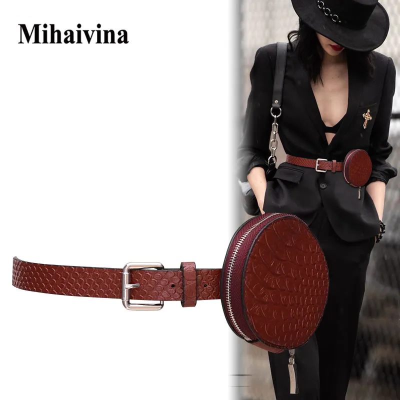 

Women Waist Bag Leather Fanny Pack Crocodile Round Waist Pack Mini Belt Bags Girl Bum Bag, Black/brown/coffee/red