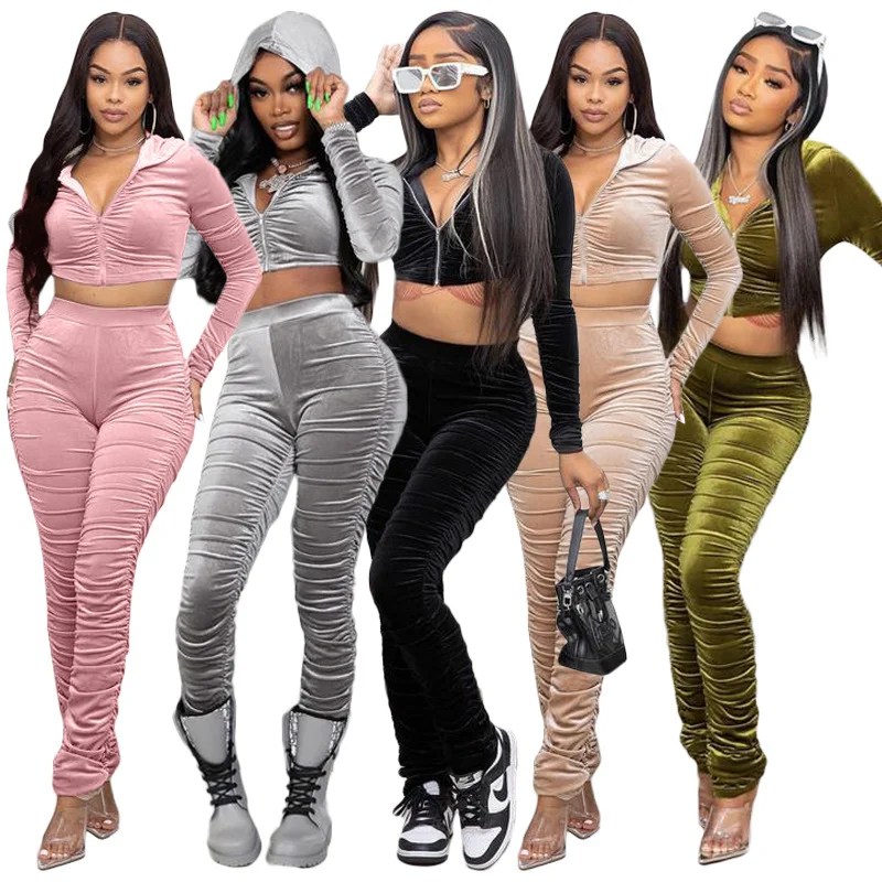 

Sexy Zippered Stacked Sets Trendy Good Stretchy Cropped Hoodie Set Woman High Quality Slim Fit Tracksuits, As picture