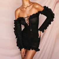 

Latxt 2020 women lotus long sleeve black dress sexy backless off shoulder see through bandage dress hot