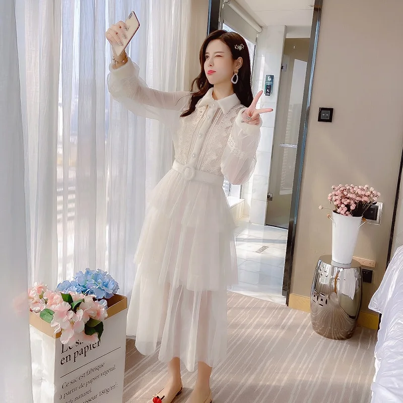 

B62395A 2020 spring new style Polo collared patchwork gauze lady skirt