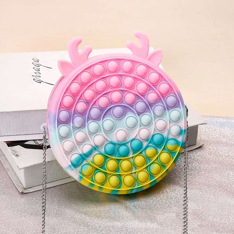 

New Silicone Stress Reliever Popit Rainbow Push Bubble Handbag Pop Popper Fidget Sensory Toy Shoulder Sling Mini Bag, Picture