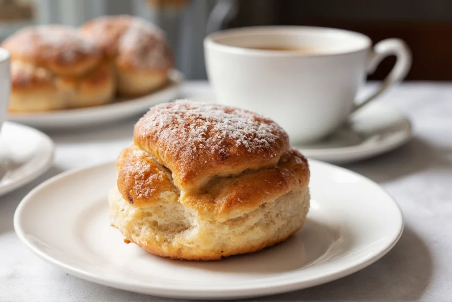 Swedish kanelbulle on white plate with coffee cup, traditional Swedish cinnamon bun with pearl sugar topping