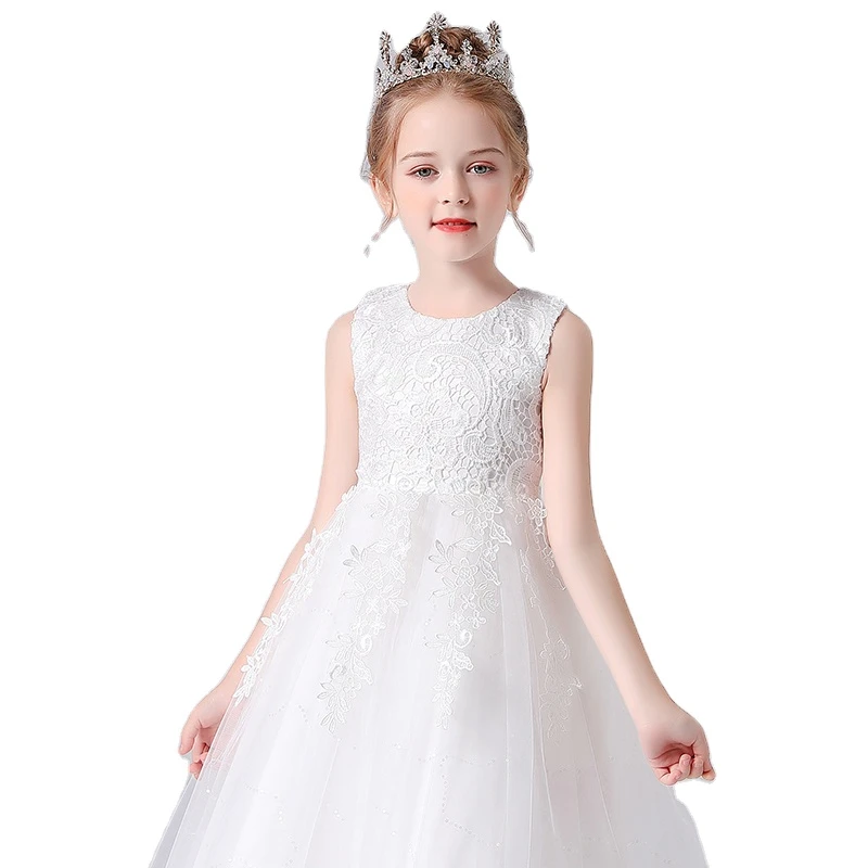

2021 summer new vest sleeveless girls dress White long children's bridesmaid dress Kids lace puffy princess dress