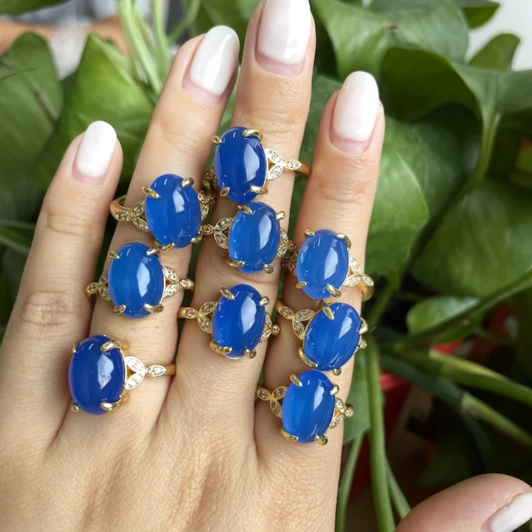 

Best Seller Micro Pave CZ Natural stone Blue Jade Opening Rings For Women