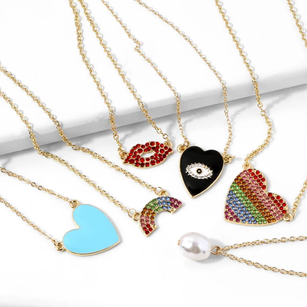 

New Arrivals Full Crystal Red Lip Rainbow Heart Necklace Dripping Oil Eye Pendant Necklaces for Women Jewelry, Gold plated