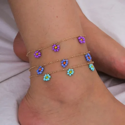 

2020 Hot Selling Boho Summer Blue Flower Beads Ankle Bracelet Multicolor Bead Flower Link Chain Anklet