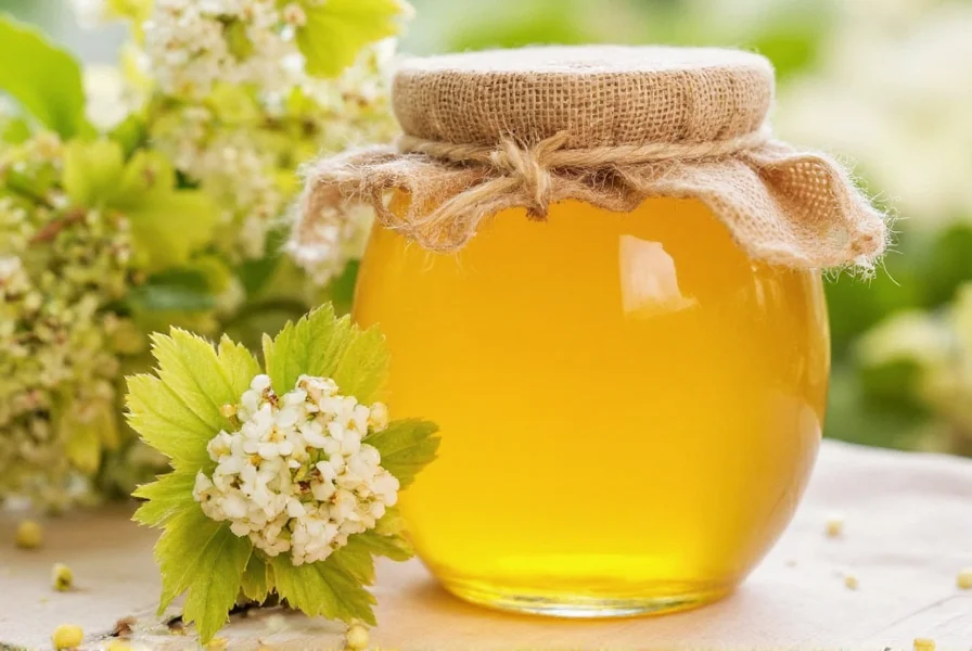 Close-up view of liquid clover honey dripping from a spoon