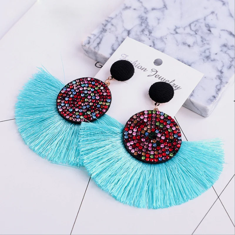 

Latest Creative Handmade Bohemian Beaded dangle fringe Earrings Women's Fashion pink crystal thread Tassel Earrings Multicolor