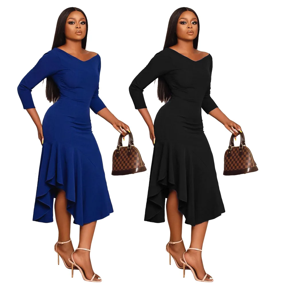 

2021 Women Clothing Fall Dresses Elegant Irregular Solid Color Long Sleeve Casual Fashion Pleated Long Even Dress, Picture color