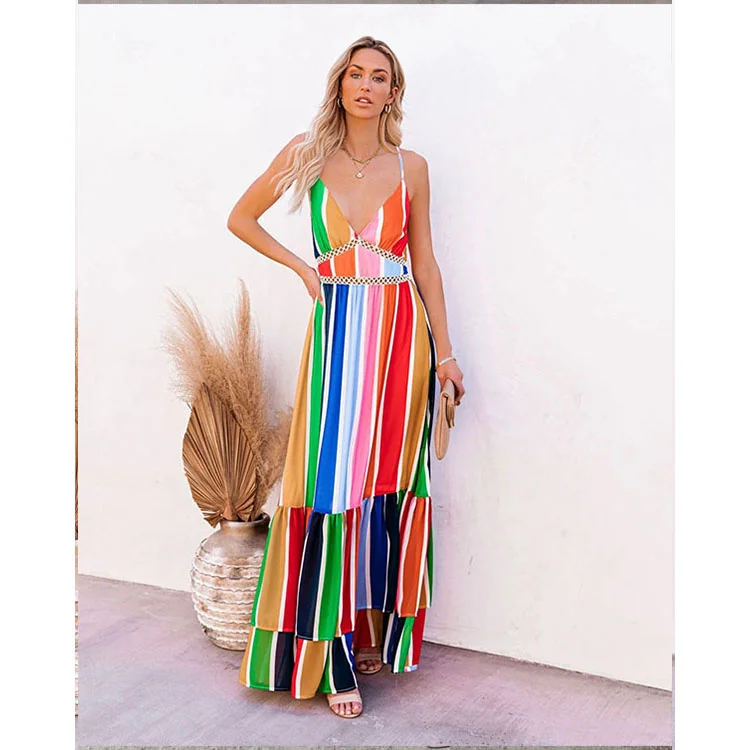 

MISSMOEN New Design Sleeveless Rainbow Stripe Dresses Women Dress Women Lady Casual Dress