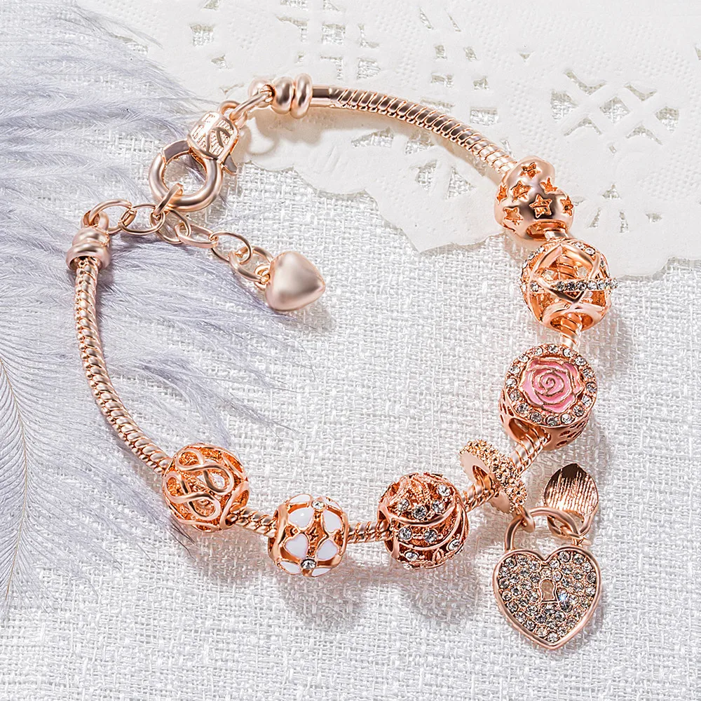 

FASHION Hollow Love Lock Pendant Bracelet 18K gold plated Rose flower diamond beaded Charm bracelet for women jewelry