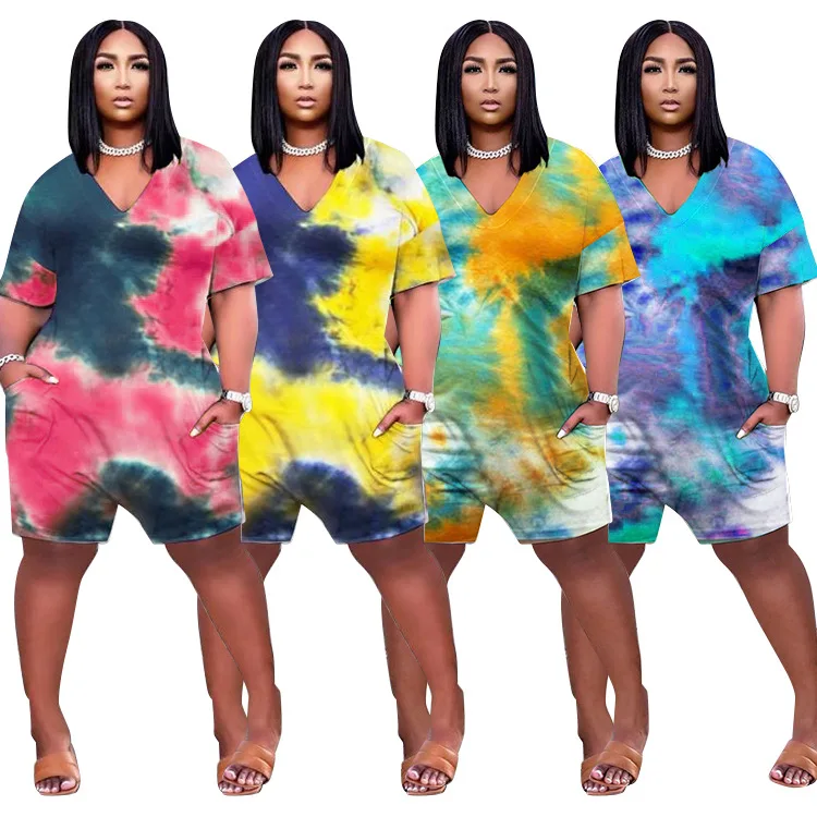 

2021 New Arrivals Women Plus Size  Tie Dye Short Jumpsuit Summer Ladies v-neck vest Short Sleeve Short Bodysuit For Women