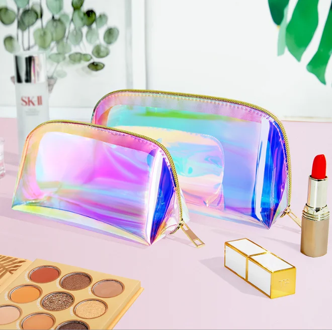 

Wholesale Waterproof PVC clear pink holographic makeup bag outdoor travel organizer glitter beach bag small