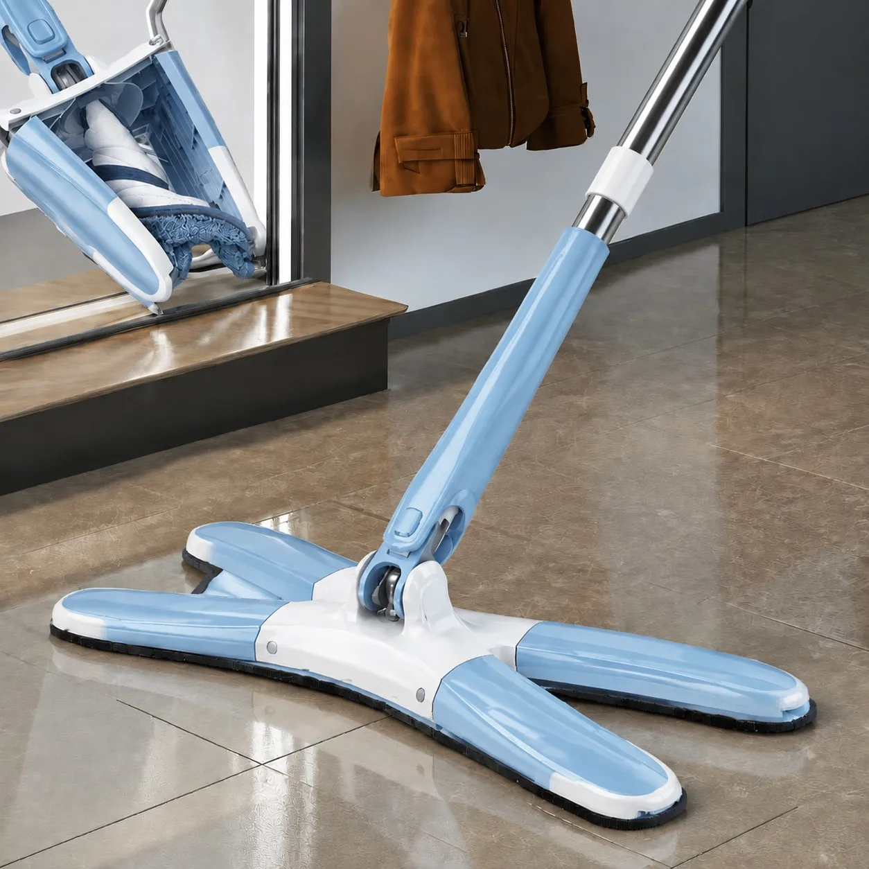Butterfly flat mop with a blue and white X-frame head, a stainless steel pole and a pull-up squeeze wringer