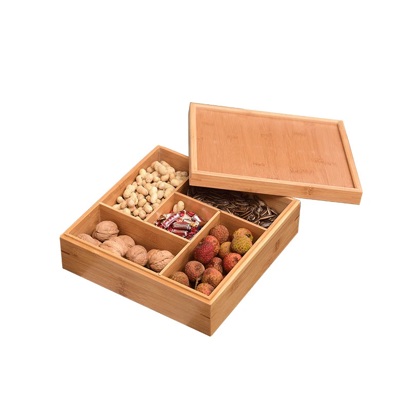 

Living Room Candy Nuts Partitioned Bamboo Snack Tray Plate ,Wooden Tray Square With Lid And Handle