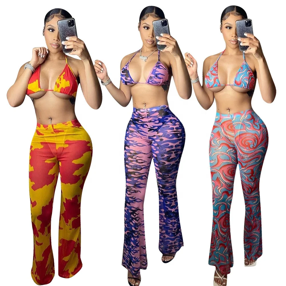 

DX1121 Hot sale summer bra and pants 2 piece sets mesh print sexy 2 pieces set for ladies