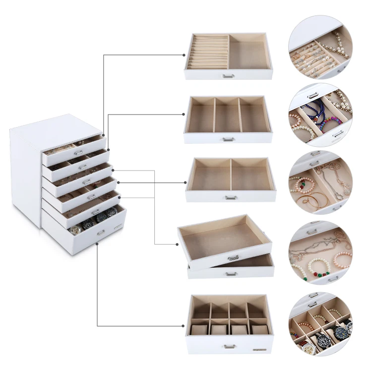 

OEM High end PU leather multiple drawers leather gift boxes for jewelery storage organizer custom logo size design, White