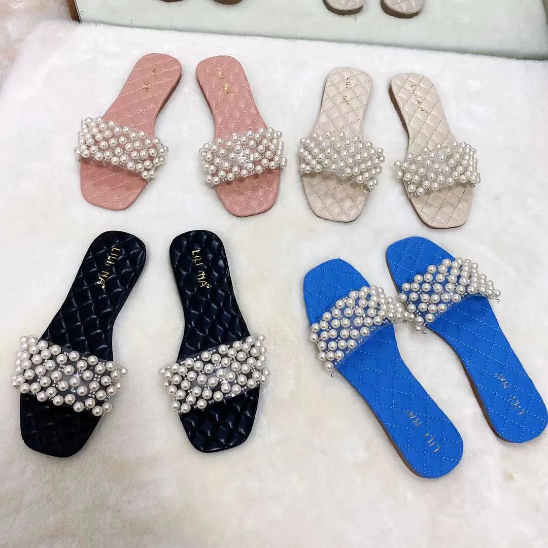

Factory Wholesale Luxury Summer Pearl Sandals for Women and Ladies Fashion Shoes Sandals Women Female Beach Flat Sandals, 4 colors
