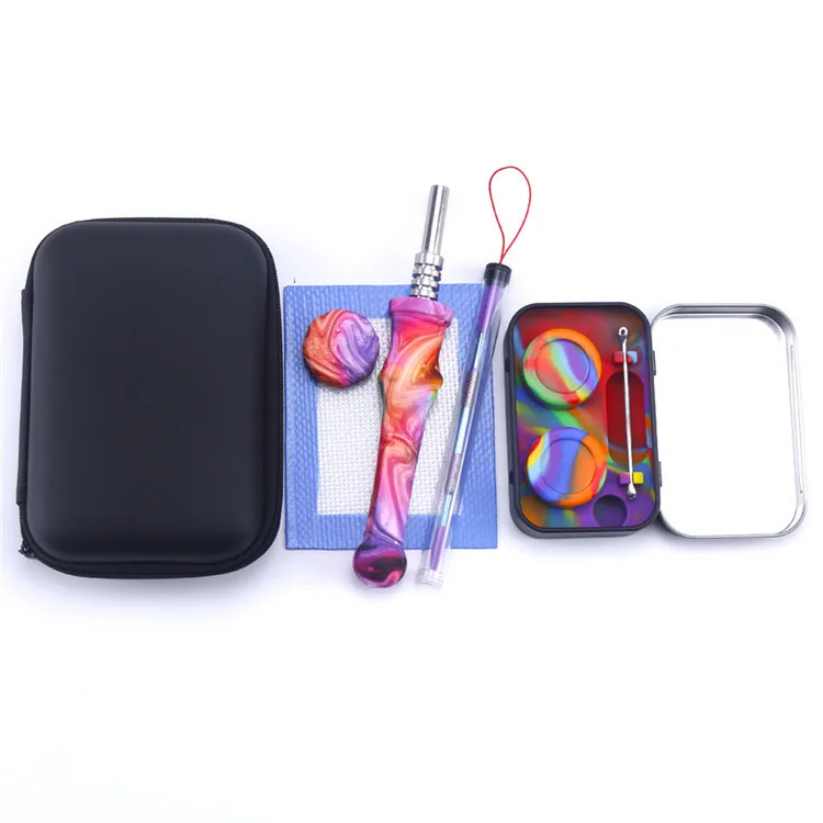 

Mini silicone Nec Collector kits smoking pipe set bag straw bongs with Titanium Nail or quartz kit, Mix color