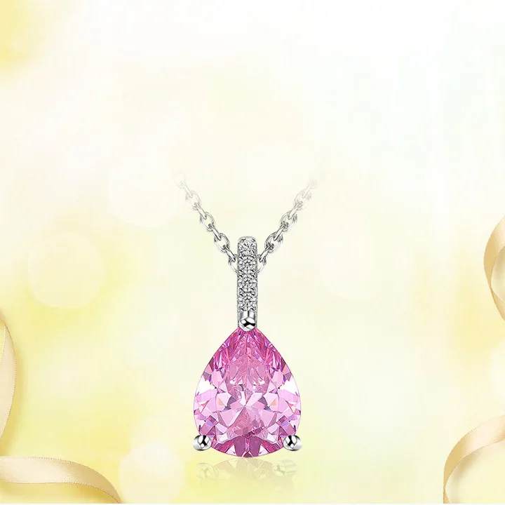 

Luxurious 925 Sterling Silver Water Drop Pendant Pink Cubic Zirconia Necklace