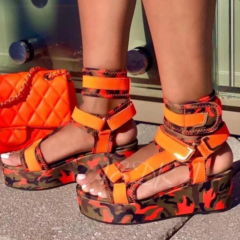 

High Platform Strappy Women's Sandal Python Print Thick Sole Flats Shoes, White green red orange