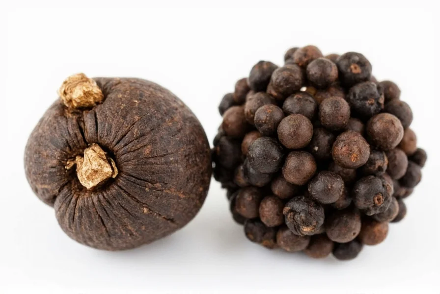 Vista cercana de granos Tellicherry comparados con pimienta negra regular