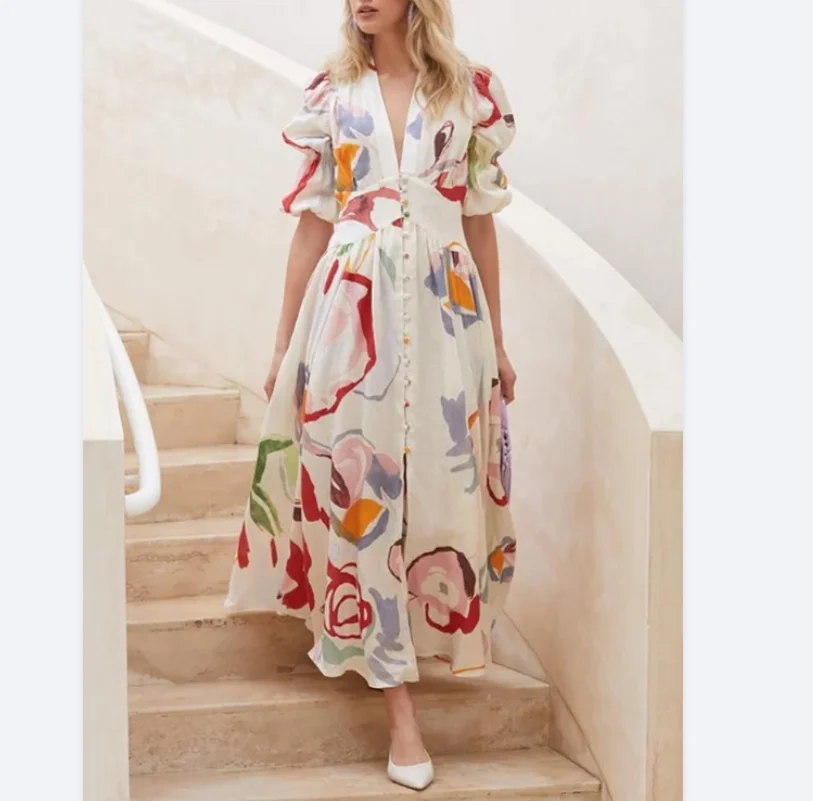 

Summer Beach Wear V Neck Printed Button Bohemian Women Casual Dress, Whtie