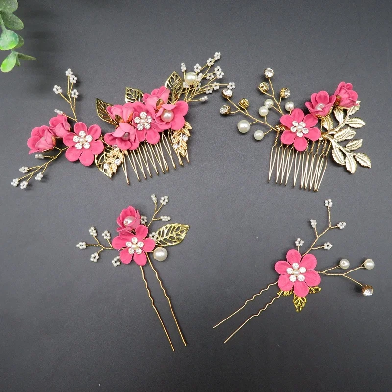 

Rose Red Flower Leaf Design Rhinestone Crystal Pearl Hair Comb Fairy Wedding Bridal Side Hair Comb Pins Headpiece Sets