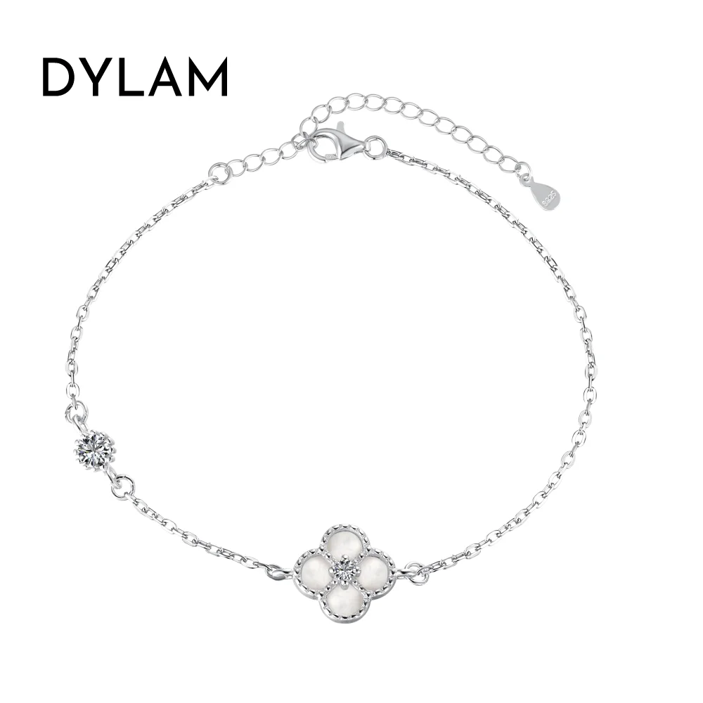 

Dylam Top Pick Women 925 Sterling Silver Rhodium Champagne Plated 5A Zirconia Four Clover Agate Pendant Bracelet