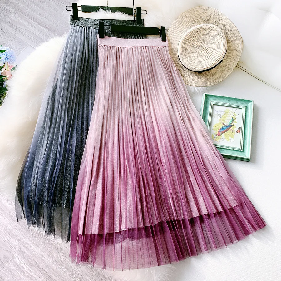 

B52987A Gradient color lady fashion slim mid-long pleated mesh skirt
