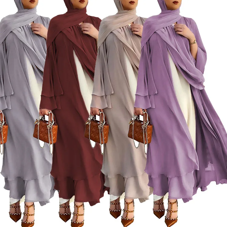 

2022 Women Open Women Muslim Long Dress Dubai Maxi Plain Black Pleated Kimono Abaya Modest Wear Middle East Islamic Clothing, Photo shown