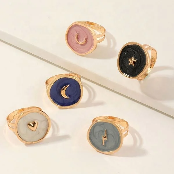 

New Adjustable Rings Jewelry Womens Rose Gold Drop Oil Ring Love Moon Star Lightning Round Finger Rings For Girls, Gold,rose gold,black and silver