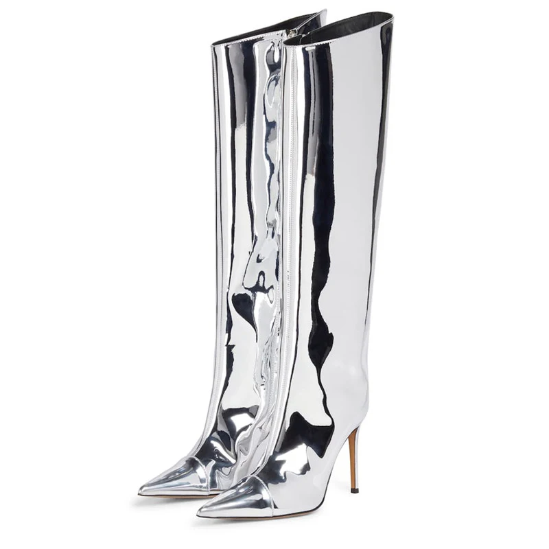 

Fashion Design Shiny Autumn Fashion Reflect Mirror Pointed Toe Thin Heel silver Plus Size Zipper Women Knee-High Boots