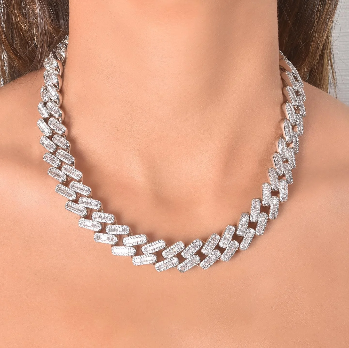 

iced out bling women jewelry splaring bling VVS cz dimoand rectangle cz cuban necklace, Rose gold