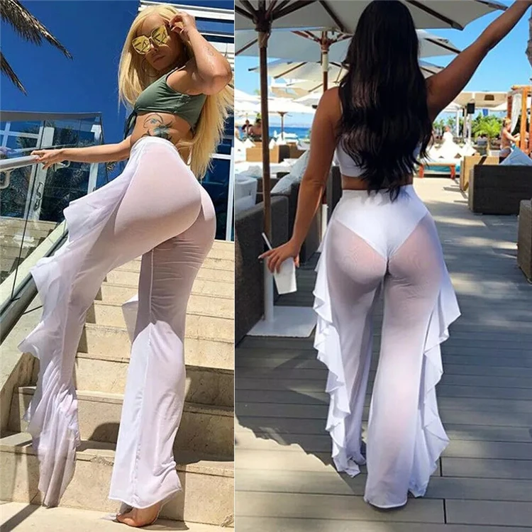 

2021 Summer Plus Size Long Bathing Suit Chiffon Bikini Cover Up Beach Pants, 9 colors