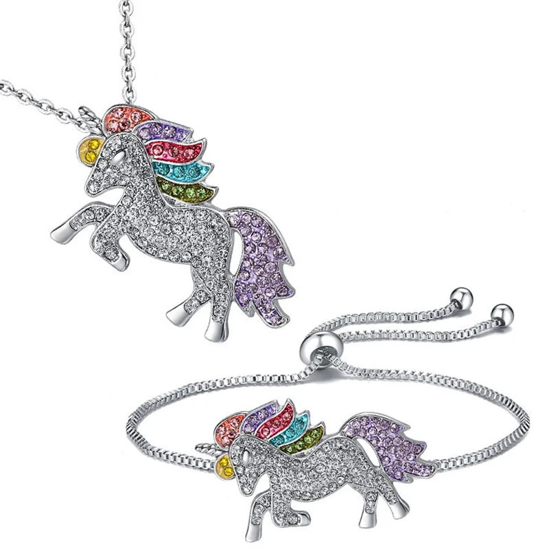 

Luxury Fashion Silver Plated Tennis Chain Bling Bling Crystal Zircon Unicorn Women Bracelet Necklace Jewelry Set For Girls, Gold silver color